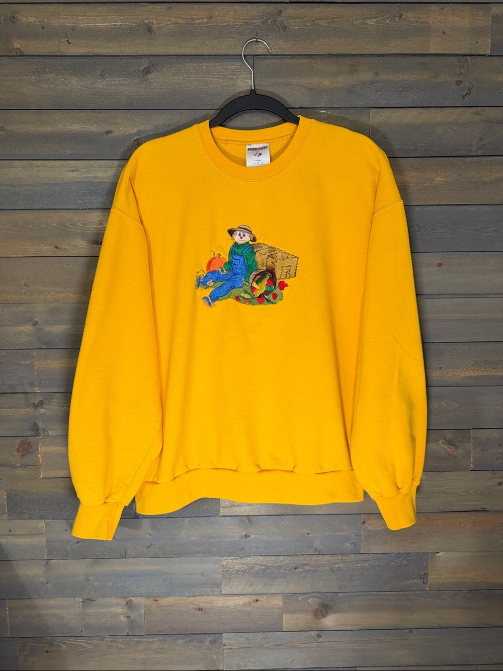 Vintage Jerzees NuBlend Yellow Scarecrow Embroidered Crewneck Sweatshirt